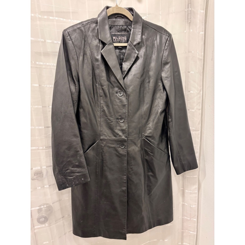 Wilsons Leather Pelle Studio Black Leather Trench Coat Jacket Womens Large